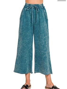 Zenana Outfitters Teal WASHED FRENCH TERRY FLARE PANTS **NEW**